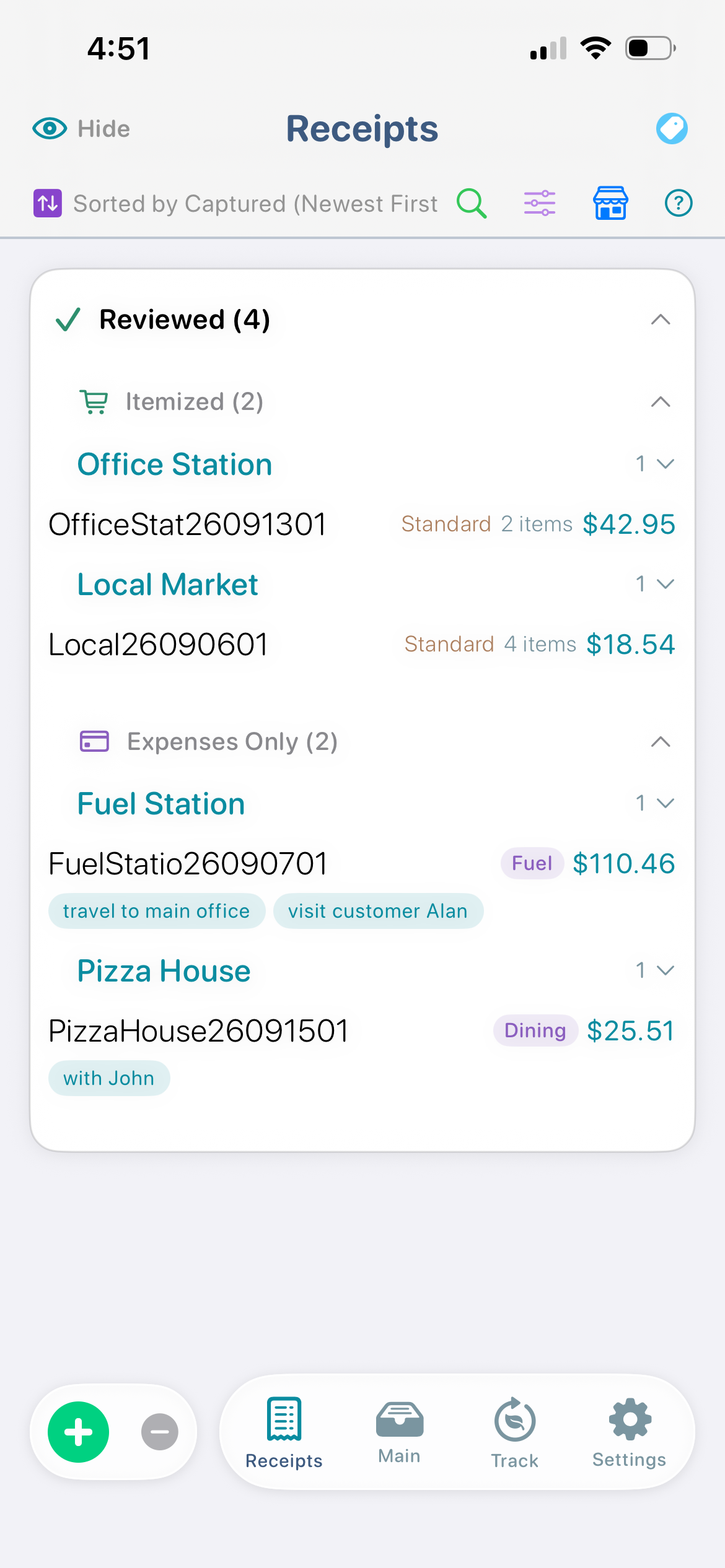 ItsRecord Receipts screen