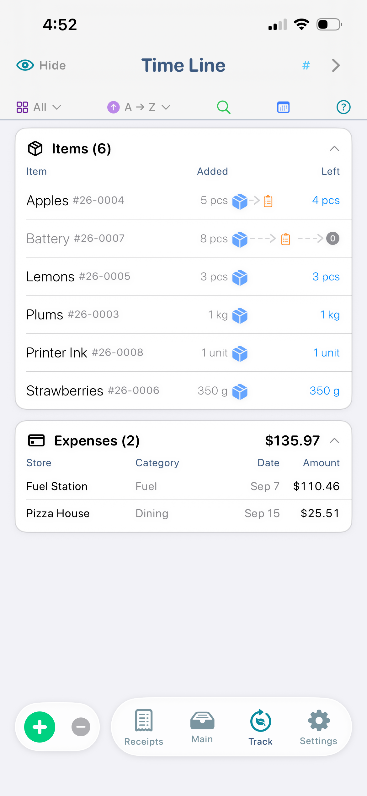 ItsRecord Track Time Line showing Items and Expenses